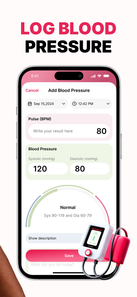 Interface of Pulse Tracker app for entering blood pressure and heart rate data