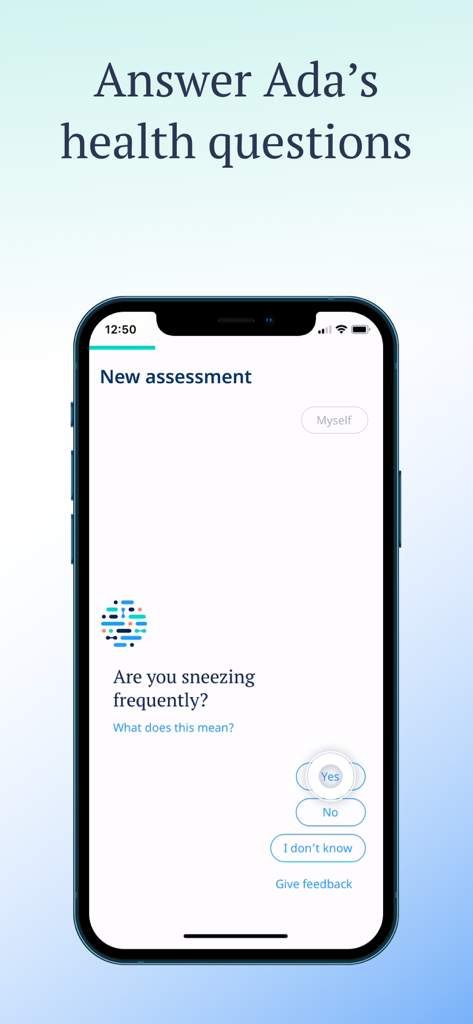 Ada – check your health - Ada app interface displaying a medical assessment question about sneezing frequency with response options