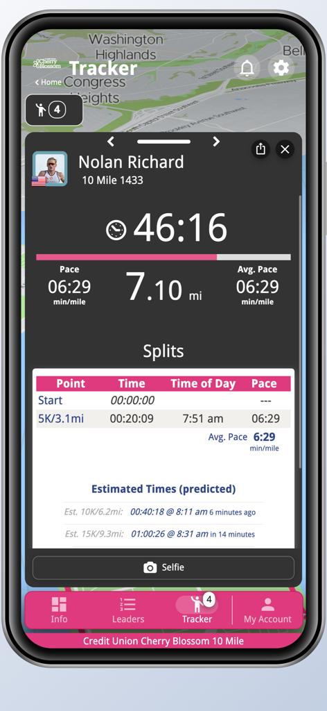 Cherry Blossom 10 Mile & 5K - Eine Live-Läuferverfolgungsansicht, die Zeit, Pace und Splits während des Cherry Blossom 10-Meilen-Rennens anzeigt