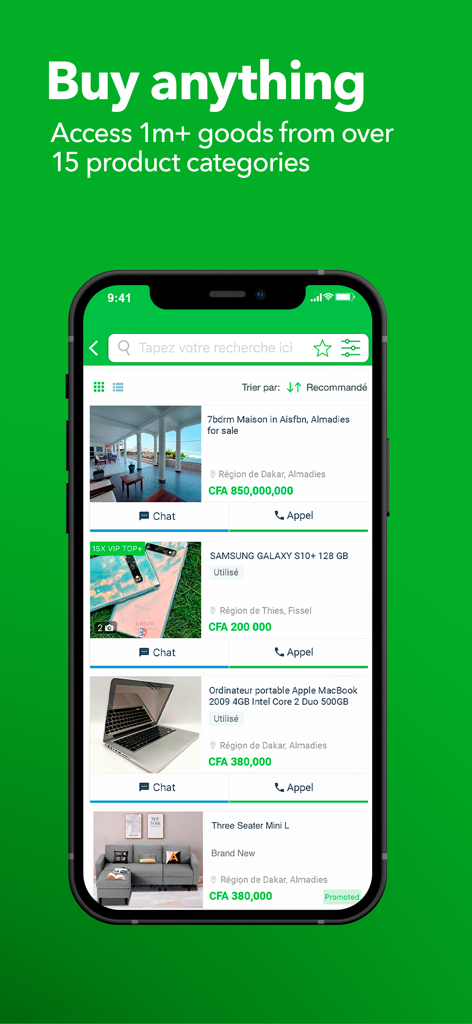 Jiji Sénégal - Jiji Senegal app interface displaying various items for sale like real estate and electronics in Dakar