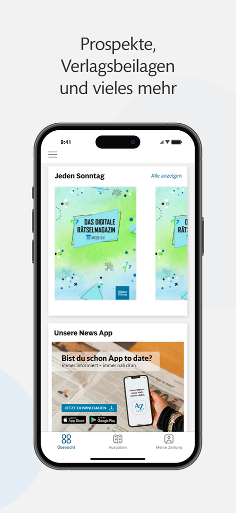 Interface do aplicativo Allgäuer Zeitung e-Paper mostrando suplementos digitais e uma seção de revista de passatempos