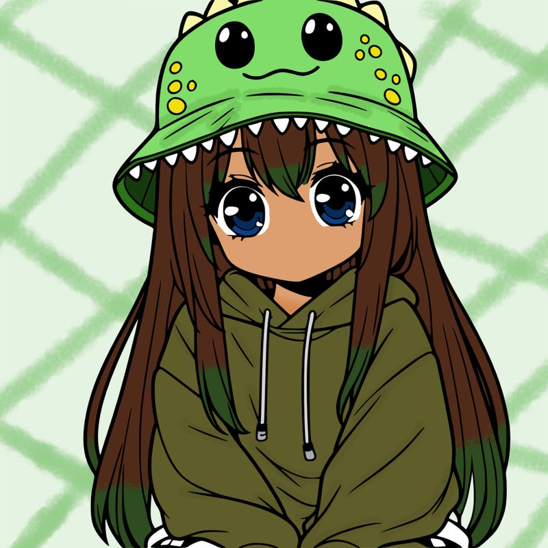 girl with anime shaped eyes with a dinosaur bucket hat oversized sweatshirt long straight hair