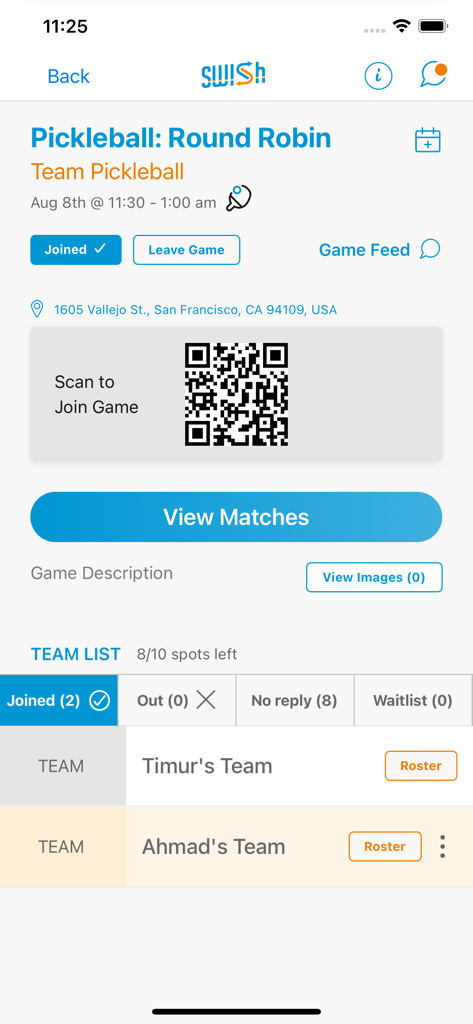 Swish Sports - Interface of the Swish Sports app showing details and a QR code for a pickleball round robin match.