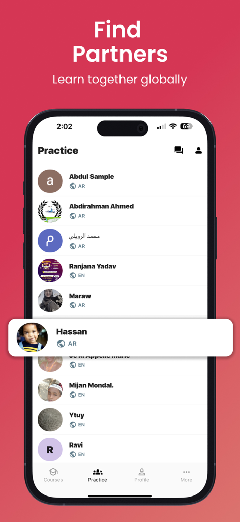 Learn & Speak Fluent Forever - つながって学ぶためのグローバルな言語パートナーのリストを表示するCapableアプリの練習画面