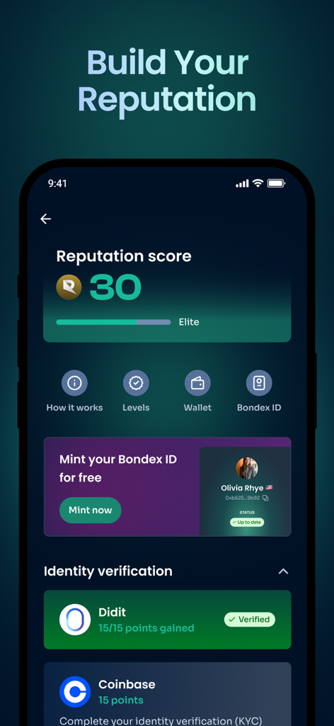 Bondex: Web3 jobs & community - Interfaccia dell'app Bondex che mostra punteggio di reputazione, status elite e opzioni di verifica dell'identità
