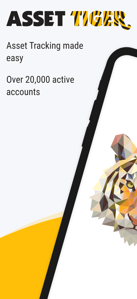 Asset Tiger app interface for asset tracking showing over twenty thousand active accounts.