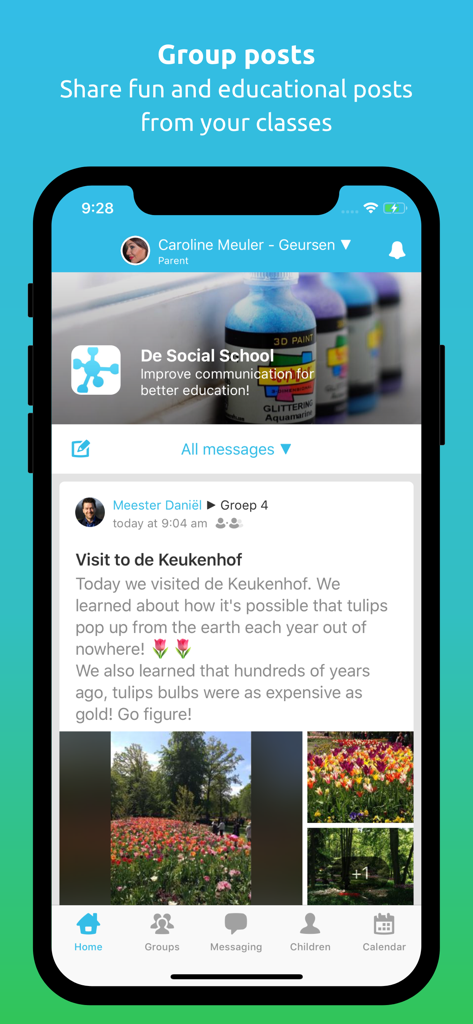 Social Schools - Social Schools mobile app interface displaying a classroom update with photos of a school trip