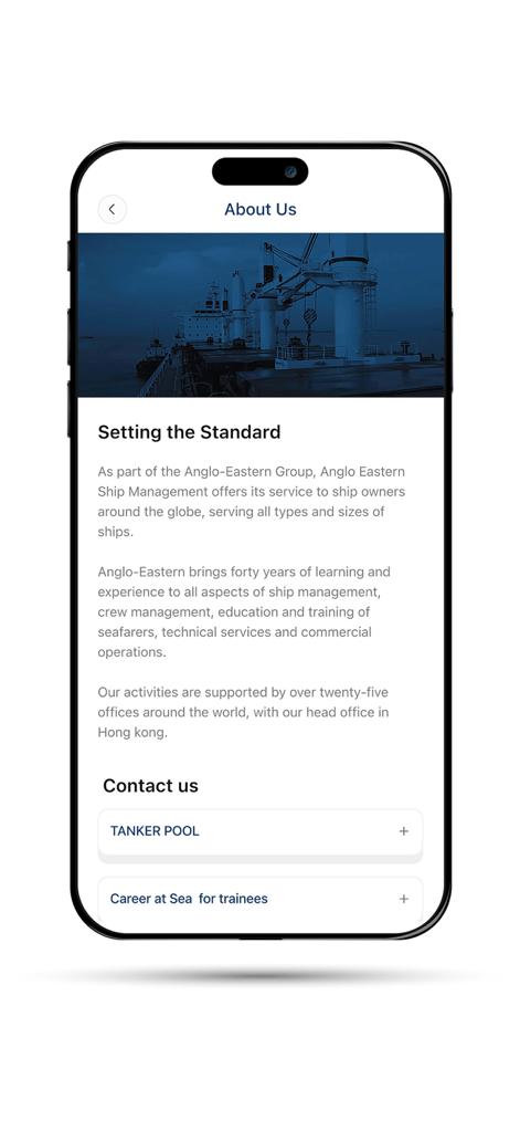 WE Care - Anglo-Eastern - Screenshot of the About Us page in the WE Care Anglo-Eastern app showing information about ship management services and contact options.