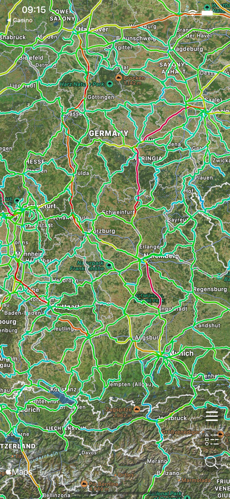 Satellite view of the railway network in Germany with colored track overlays in the Railways Map app