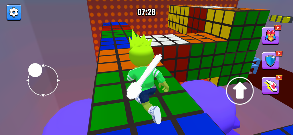 Great Escape Run - Un personaje verde corre sobre un camino de baldosas coloridas en un recorrido de obstáculos 3D.