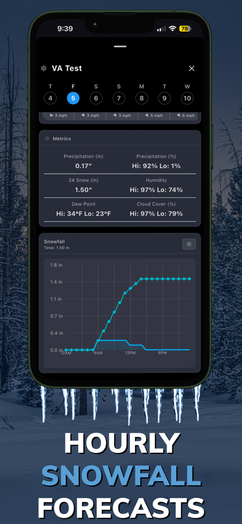 Flash Weather AI - Interface de l'application Flash Weather AI montrant des prévisions détaillées de chutes de neige horaires avec un graphique de données et des métriques météorologiques, y compris les précipitations et l'humidité.