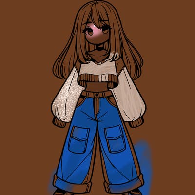 cute girl with straight hair in baggy jeans and a crop top and a sweater