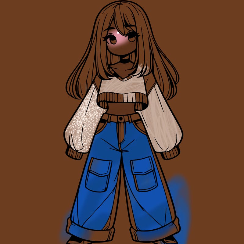 cute girl with straight hair in baggy jeans and a crop top and a sweater