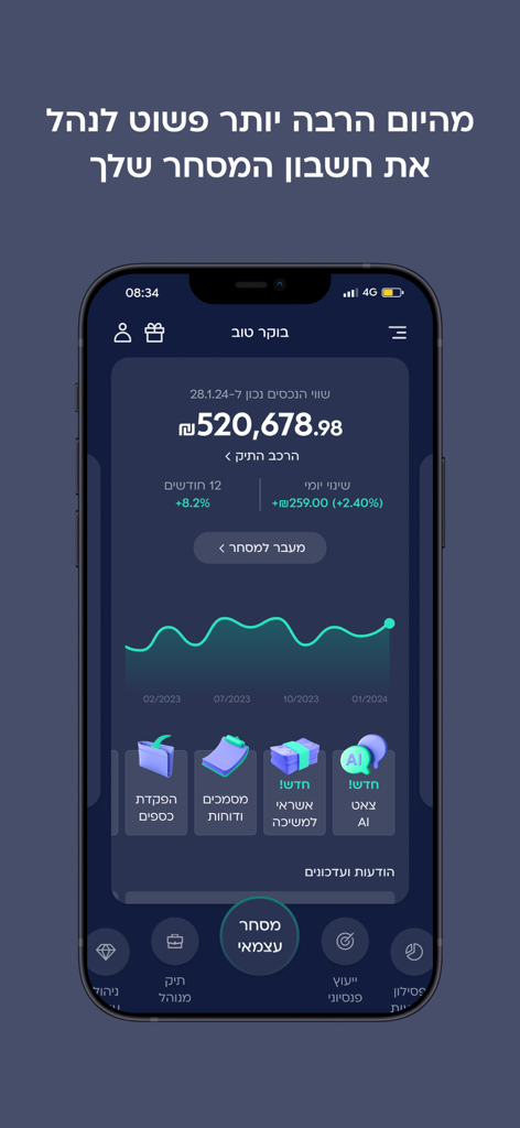 הפניקס בית השקעות - The Phoenix Investment House mobile app dashboard showing account balance and financial performance chart.