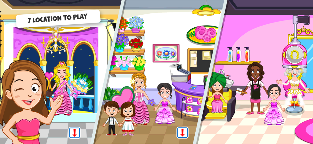 My Town : Beauty Contest - A collage showing different gameplay locations in My Town Beauty Contest including a hair salon and a flower shop