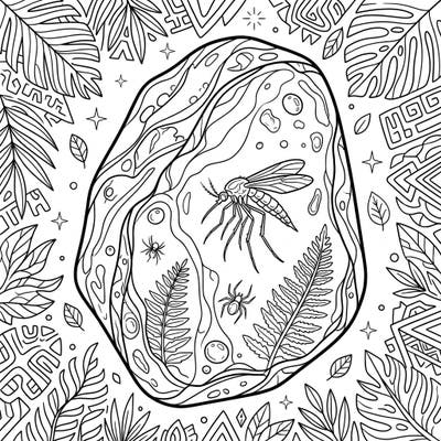 Dive into a prehistoric world with this intricate fossilized amber coloring page, perfect for teens. Explore the preserved beauty of ancient insects and plants within the golden resin.