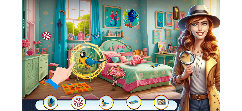 Hidden Objects Seek And Find - A colorful bedroom scene in the Hidden Objects Seek and Find game with a detective character.