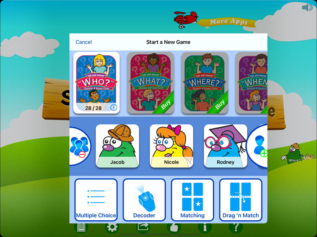WH Question Cards - Pro: - Schermata di avvio di una nuova partita nell'app WH Question Cards Pro che mostra profili studente, set di carte domande e opzioni modalità di gioco.