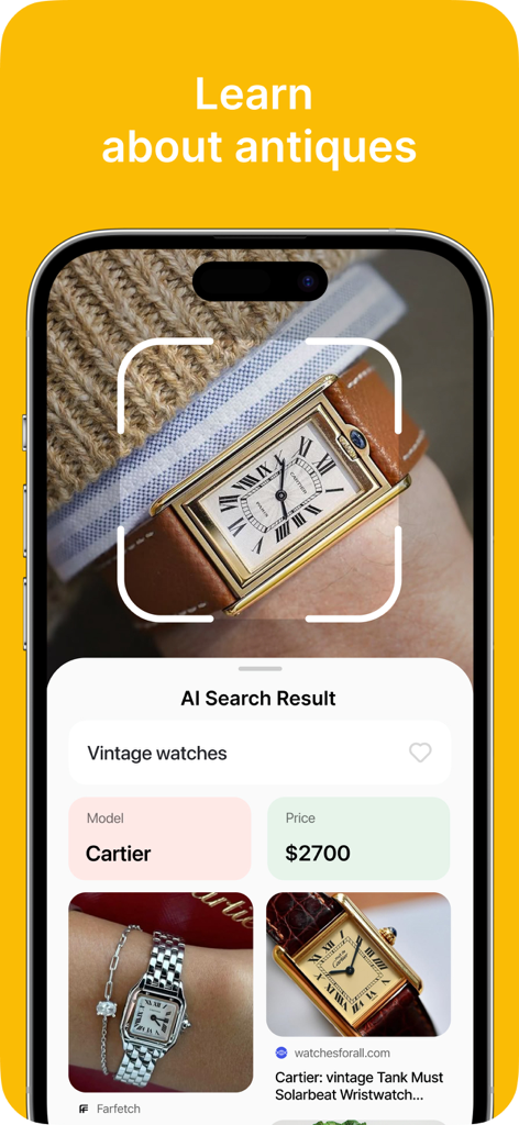 A mobile app interface identifying a vintage Cartier watch with AI search results showing the model and price