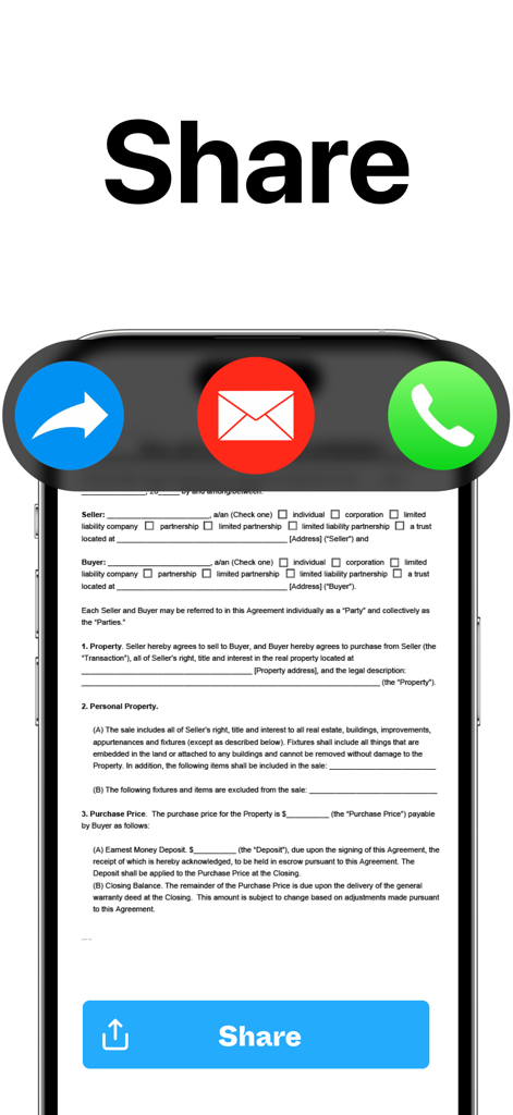 TapScanner app screen displaying options to share scanned PDF documents via email or other apps