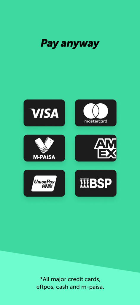 Superstore Fiji app checkout screen displaying accepted payment methods including Visa, Mastercard, M-Paisa, and AMEX.