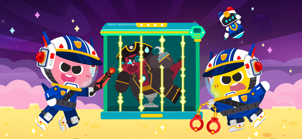 Coco y Lobi vestidos como policías espaciales capturando a un pirata en la app Cocobi World 5.