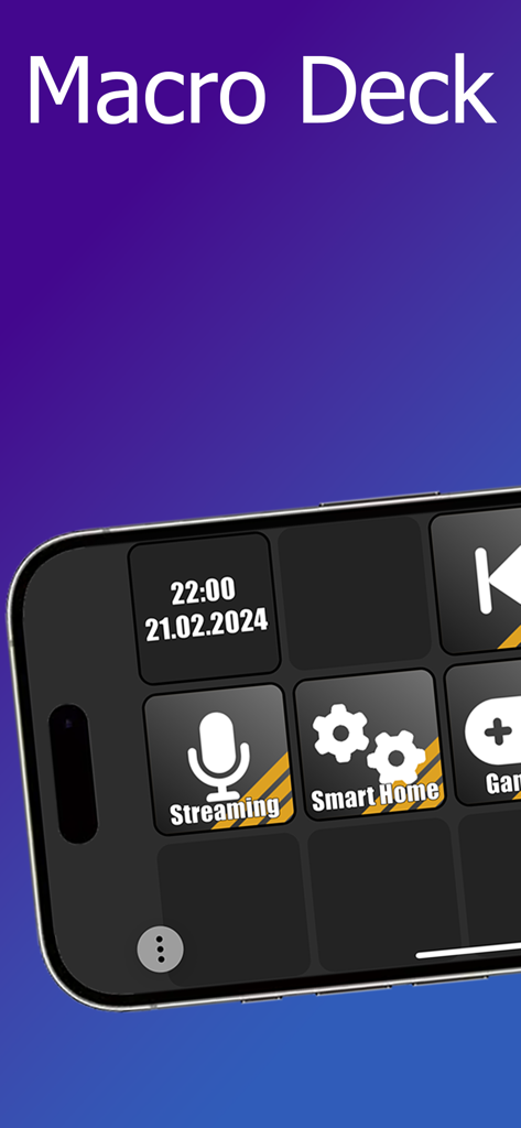 Macro Deck Client - Macro Deck Client interface on a smartphone showing custom macro buttons for streaming and smart home automation