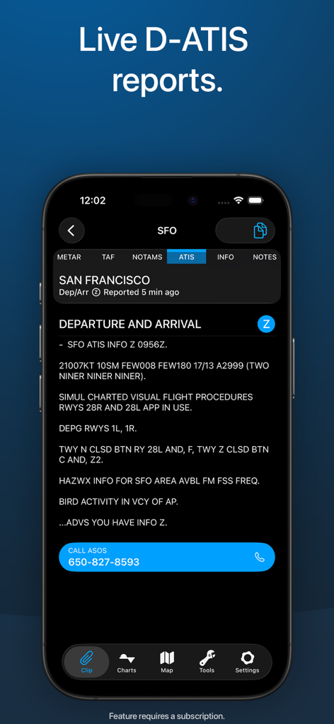 StationWeather - METAR and TAF - iPhone-Screenshot der StationWeather-App, der Live-D-ATIS-Berichte für den Flughafen San Francisco anzeigt
