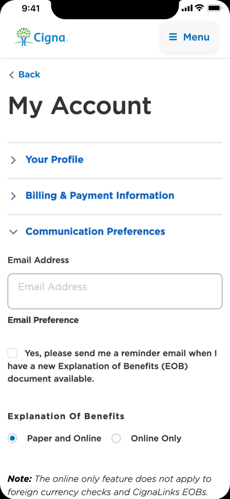 Screenshot of the My Account screen in the Cigna Envoy app showing communication and notification preferences.