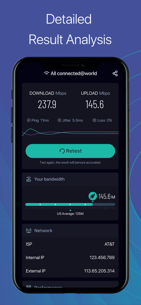 Detailed internet speed test analysis showing download and upload speeds in the app.
