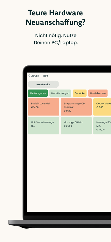 kassemo Registrierkasse - kassemo Point-of-Sale-Oberfläche auf einem Laptop-Bildschirm mit Produktkategorien und Dienstleistungen
