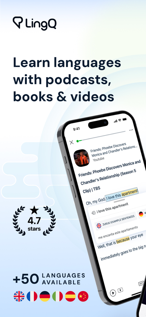 Language Learning | LingQ - LingQ app promotional screen highlighting language learning through media content with a 4.7 star rating and over 50 languages available