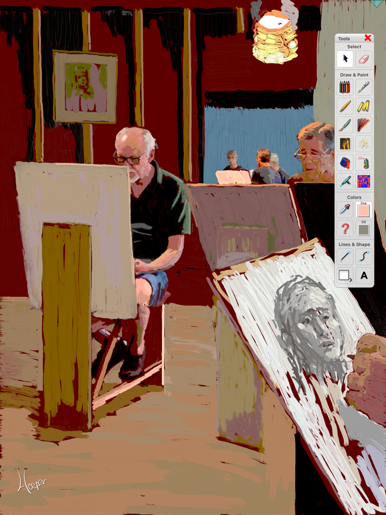 Una pintura digital de un estudio de arte creada dentro de la aplicación MyArtTools mostrando la paleta de herramientas y las pinceladas.