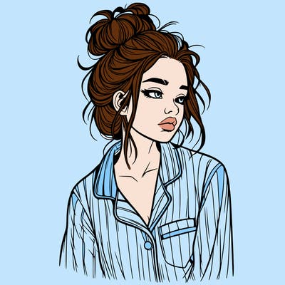 realistic woman with pajamas on and a messy bun