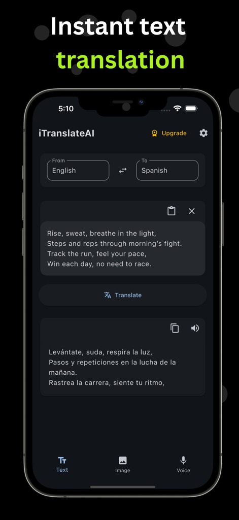 Travel Translator app interface displaying instant text translation from English to Spanish
