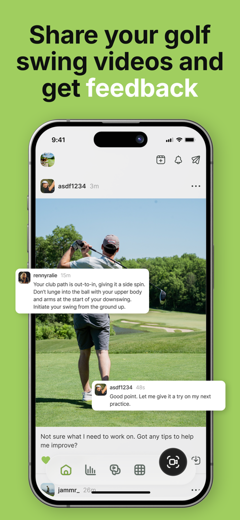 A mobile app screen showing a shared golf swing video with technical improvement tips from other users.