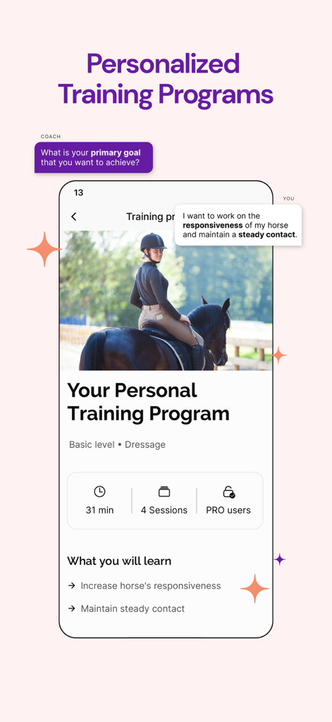 Ridely mobile app interface displaying a personalized dressage training program for horse responsiveness