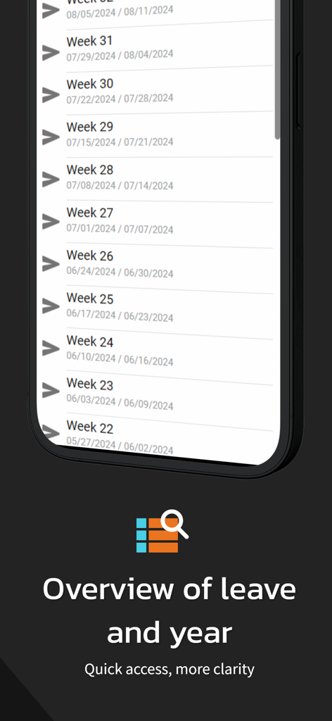 4PS Hours App - Weekly overview of leave and work hours in the 4PS Hours app