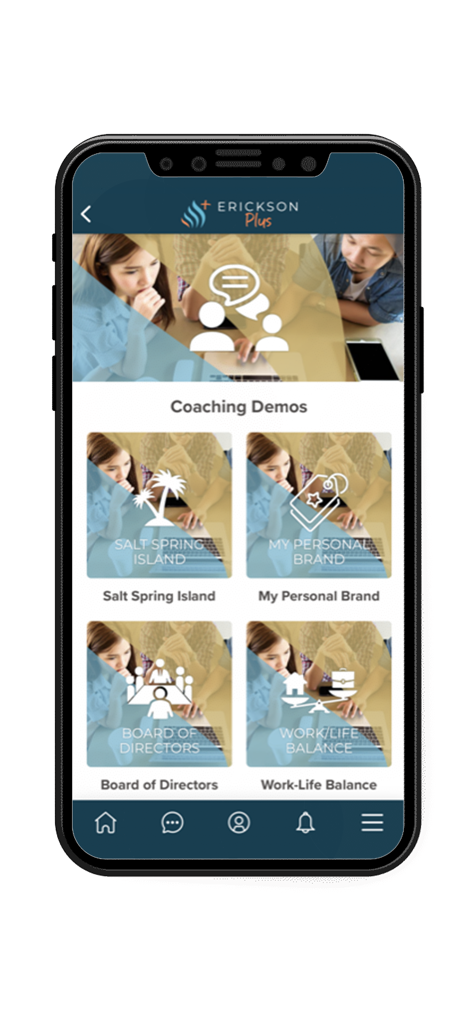 Erickson+ - Erickson plus app coaching demos screen with categories like personal brand and work-life balance