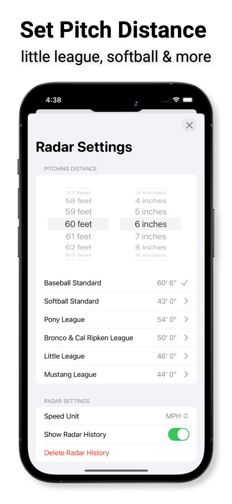 Radar settings screen showing adjustable pitching distances for various baseball and softball leagues