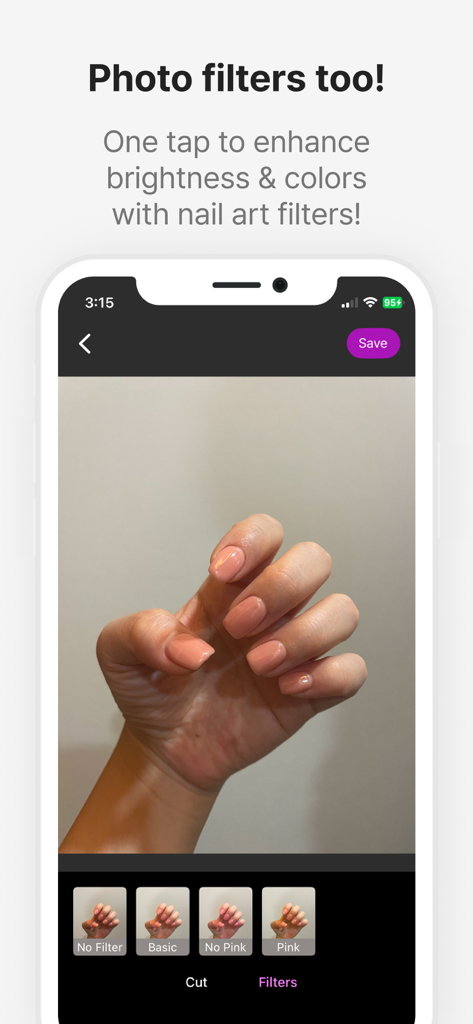 NailPick – AI for Nail Art - NailPick app interface showing photo filters to enhance brightness and colors for nail art images