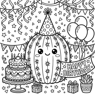 Dive into a desert-themed celebration with this adorable Barrel Cactus Birthday coloring page, perfect for all ages. Discover a cheerful barrel cactus adorned with a party hat, surrounded by festive balloons, a delightful cake, and gifts.