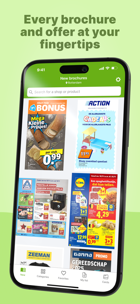 myShopi – leaflets & promos - Interface of the myShopi app displaying digital store flyers and weekly brochures for smart shopping.