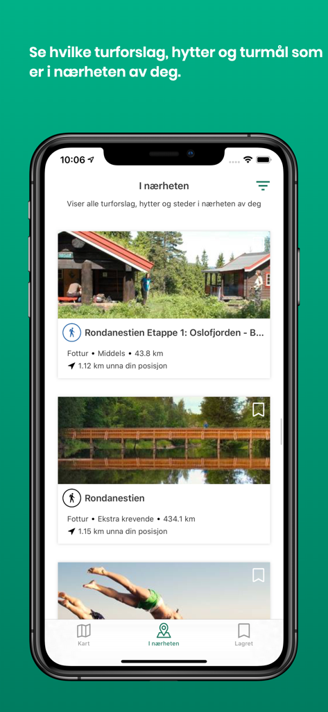 Nearby trail suggestions in the UT.no app showing distances and difficulty ratings for Norwegian hiking routes