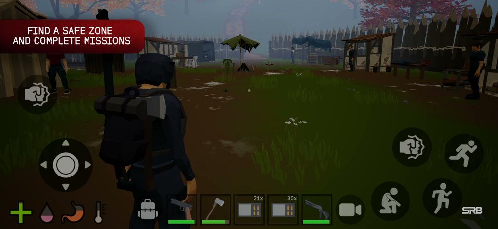 FateZ: Zombie Survival - Un área de zona segura low poly en el juego móvil FateZ Zombie Survival mostrando el inventario y la interfaz del jugador