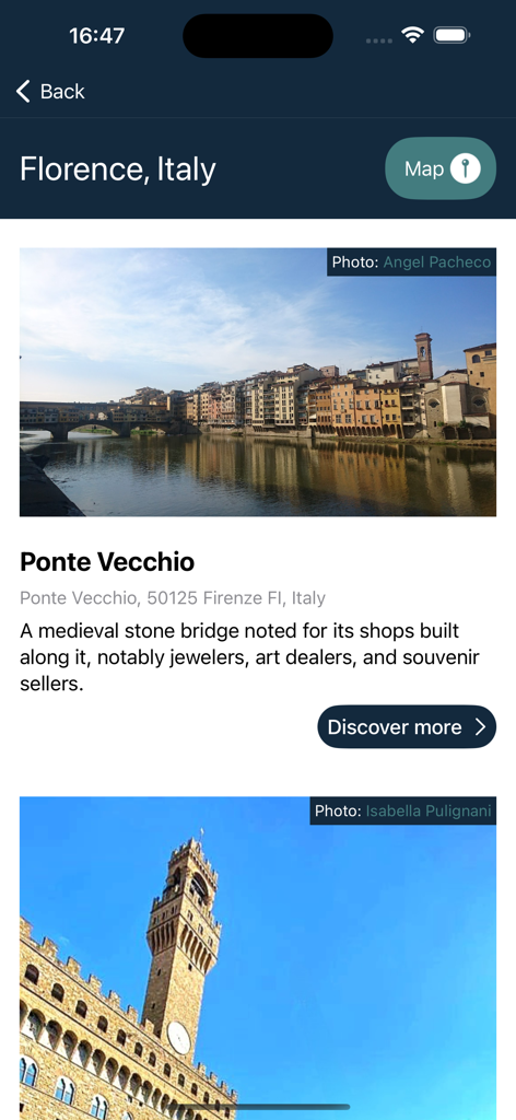 Interfaz de la aplicación Roam It que muestra un tour a pie de Florencia, Italia, con el puente Ponte Vecchio