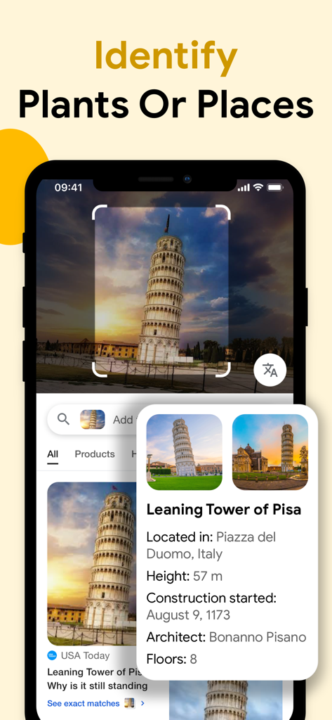 Lens: Reverse Image Search AI - Lens AI app identifying the Leaning Tower of Pisa on a smartphone screen.
