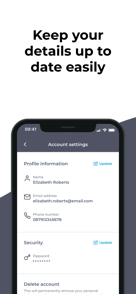 Bildschirm für die Kontoeinstellungen in der Eden Holistic Spa App, der Benutzerprofilinformationen und Aktualisierungsoptionen anzeigt