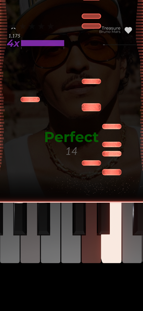 Magic Keys (Piano) - Magic Keysピアノアプリのゲームプレイ画面、ブルーノ・マーズの曲「Treasure」の落下ノートが表示されています