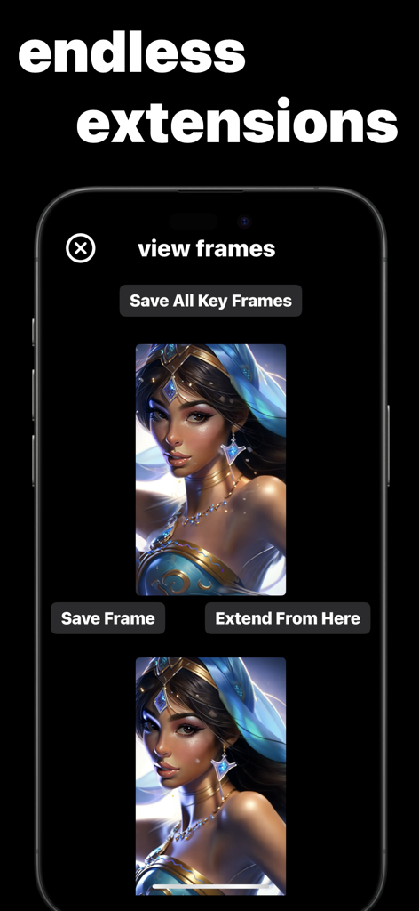 AI Video Generator Frontier AI - Frontier AI app interface showing the video frame extension and save frames feature with generated character images.